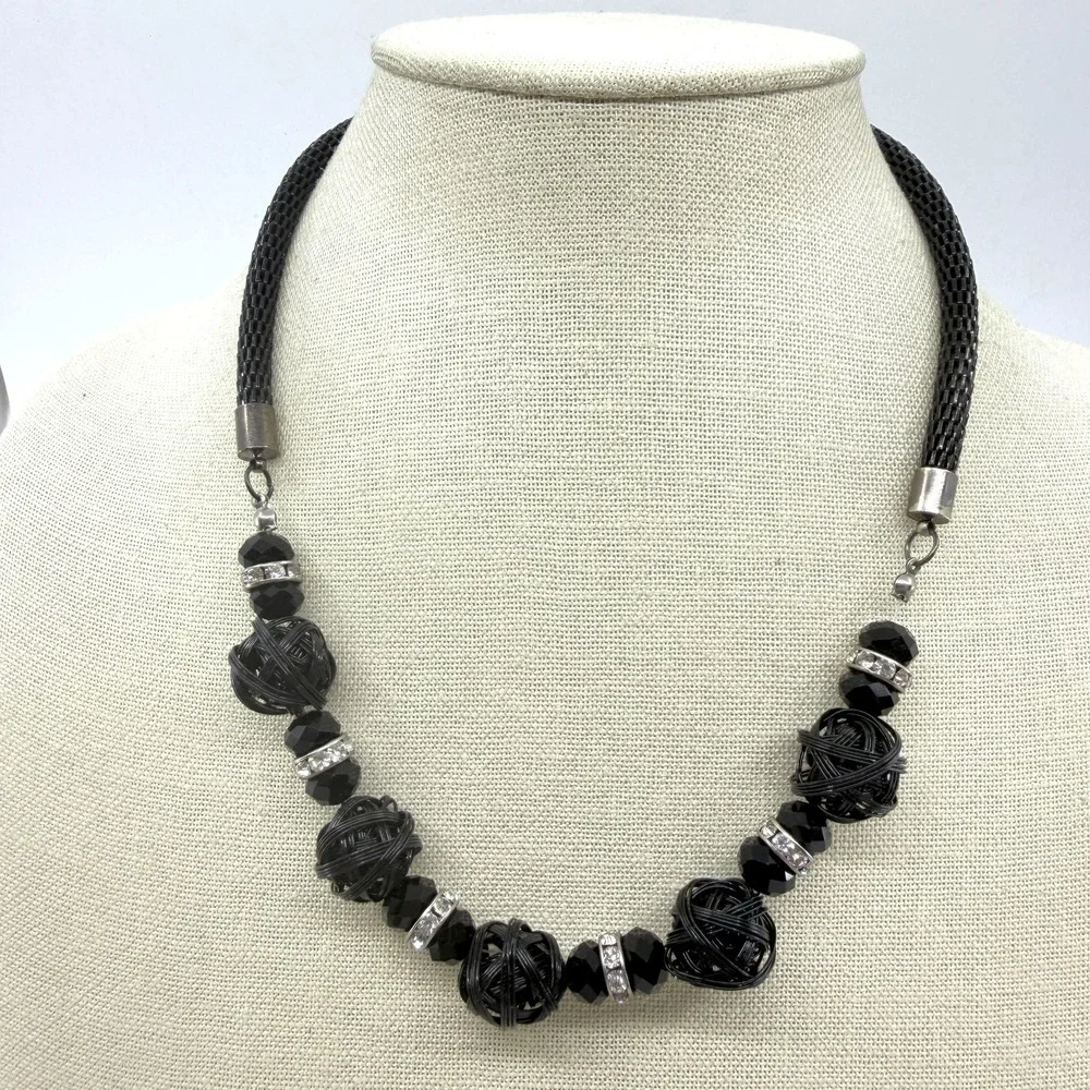 Black Woven Wire Ball Faceted Bead Rhinestone Necklace Gothic Statement Gift